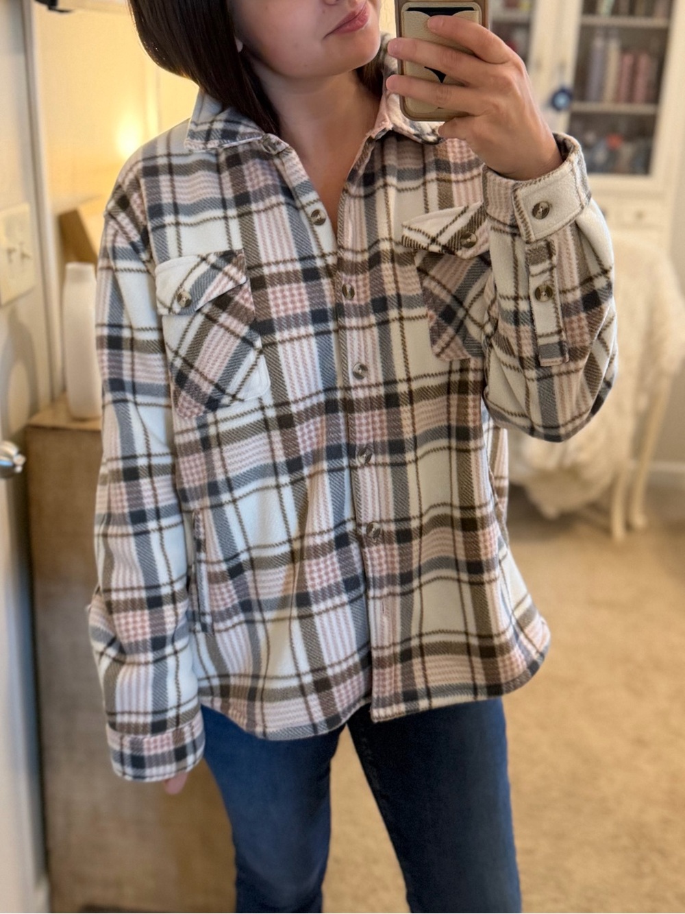 Plaid Teddy Jacket Shacket in Cream, Pink & Brown